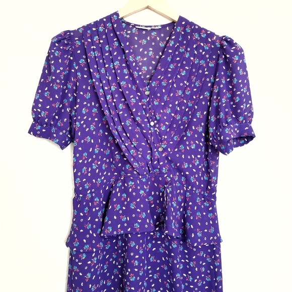 Vintage 80's Floral Print Faux Wrap Midi Dress - Picture 2 of 5